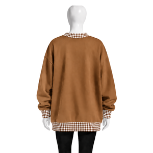 Sweat-shirt à col rond pour homme, coupe ample, marron camel, avec col et poignets à carreaux, manches longues, motif graphique, style streetwear décontracté - Product Image 2