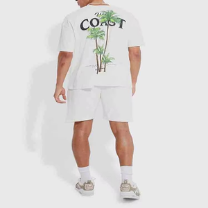 Men's White Cotton T-Shirt <b>Set</b> Crew Neck <b>Knitted</b> Casual Summer Wear With Palm Tree Print Coast Design - Product Image 2