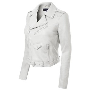 White Knitted Leather Motorcycle <b>Jacket</b> for <b>Women</b> Regular Windproof Zipper Collar Long Sleeve Custom Logo <b>Spring</b> Autumn Winter - Product Image 3