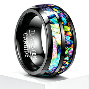 Bague en carbure de tungstène noir avec incrustation d'opale multicolore en forme de coquille concassée, alliance bombée pour hommes et femmes, bijoux Galaxy en gros - Product Image 1