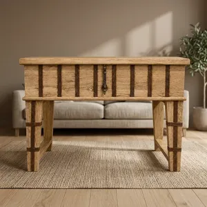 Table console en bois massif avec boîte de rangement, bande métallique intégrée, table d'appoint rustique pour chambre à coucher, salon, meubles de style farmhouse - Product Image 6