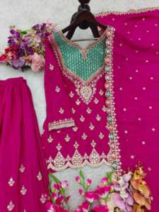Traje Salwar de seda Chinon listo para usar, con bordado de diseño, trabajo de codificación de secuencias y trabajo de diamantes con espejo, completamente cosido. - Product Image 6