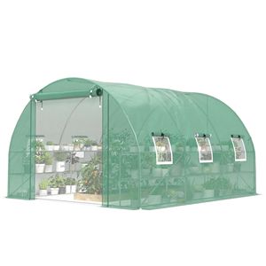Serre tunnel autoportante en bois 10FT X11FT X6FT pour la maison avec étagères, porte en maille, fenêtres et couverture en PE, verte - Product Image 1