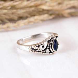 Handmade <b>925</b> Sterling <b>Silver</b> Blue Sapphire Bezel Setting <b>Ring</b> <b>with</b> Oxidized Vintage Leaf Design Band for Party Occasions - Product Image 2