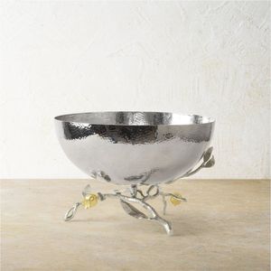 Luxury Hammered Metal Serving Bowl with Gold Pomegranate Branch Base - Decorative Stainless Steel Fruit Bowl <b>Table</b> Centerpiece - Product Image 1