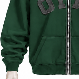Dark Green Mens Zip Up Hoodie Chenille <b>Letter</b> <b>Applique</b> Heavyweight Fleece Relaxed Fit Casual Streetwear Sweatshirt with Pockets - Product Image 5