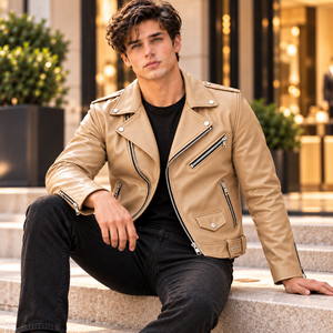 Blouson de motard en cuir de vachette beige pour homme, coupe ajustée, style vintage punk rock, avec fermeture éclair - Product Image 3