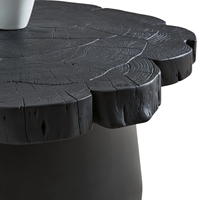 Plateau de table en bois d'acacia massif à bords naturels avec motif rainuré, noir profond, avec base en métal, table basse attrayante pour le salon