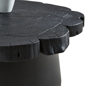 Mesa de Centro con Borde Natural y Patrón Ranurado, Madera de Acacia Sólida en Negro Intenso con Base Metálica, Atractiva para Sala de Estar - Product Image 3