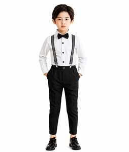 Vêtements pour enfants de marque, chemise boutonnée pour garçons avec pantalon noir classique et ensemble de bretelles rayées - Product Image 1