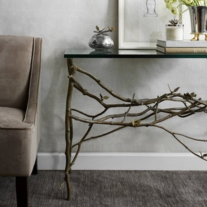 Saleem international 2026 Luxury Upholstered <b>Table</b> with Gold Metal Ginkgo Leaf Base <b>Decorative</b> Entryway or Bedroom Seating - Product Image 4
