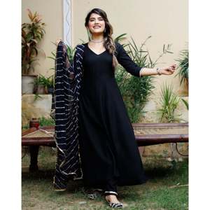 Magnifique ensemble de costume en rayonne et mousseline de soie noir pour femme, taille XS, élégant, ethnique, pour soirée, kurta dupatta - Product Image 5