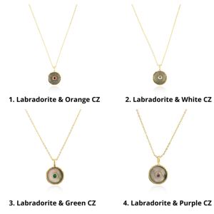 Collar con colgante redondo de labradorita natural con pequeños detalles de circonita cúbica, chapado en oro de 18k, joyería de moda con cadena de cable. - Product Image 2