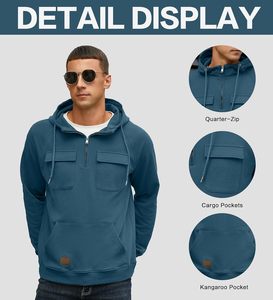 Sweat à capuche tendance pour homme, demi-zip, avec poche avant, en mélange de coton, doublure polaire, décontracté, hiver, cordon de serrage réglable, écologique, ODM - Product Image 6