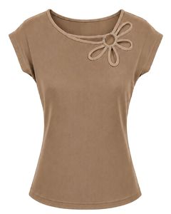 Customized Camel Brown Women Casual T Shirt Floral Ring Neck Short Sleeve Summer Fashion Soft Stretch Ladies Tee Blouse <b>Top</b> Wear - Product Image 1
