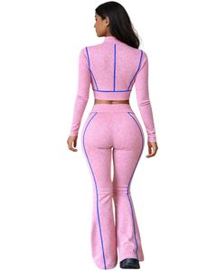 Conjunto de yoga de dos piezas rosa para mujer, top corto con cremallera y pantalones acampanados de cintura alta, costuras en contraste, ropa deportiva para gimnasio, fabricante personalizado OEM - Product Image 3