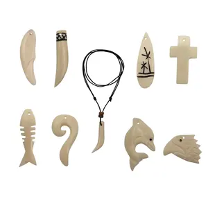 Schmuck handgemachte weiße Knochen Anhänger Halskette Mix Design natürliche Kokosnuss Perle auf Baumwoll schnur Seil verstellbar
