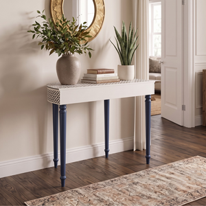 Table console multifonctionnelle réglable en hauteur, en bois massif, avec incrustations en os et motif en treillis de diamants, faite à la main, pour salon - Product Image 2