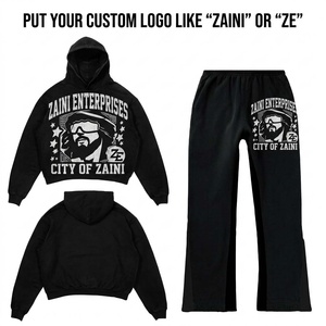 Ensemble de survêtement pour homme en molleton de coton premium 320 GSM, sweat à capuche noir et pantalon, logo personnalisé imprimé, style streetwear tendance - Product Image 1