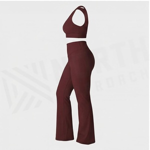 2 Piece Yoga Set Racerback Crop Top High Waist Full Length <b>Flared</b> <b>Leggings</b> Solid Maroon Breathable Seamless Women's Sportswear - Product Image 3