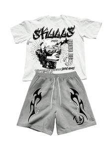 Ensemble 2 pièces streetwear premium : T-shirt graphique et short de designer délavé à l'acide en coton épais coupe ample - Product Image 1