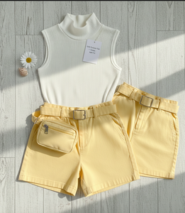 Girls Summer Ribbed Cotton Outfit Set | Sleeveless Top & Belted Shorts with <b>Mini</b> <b>Pouch</b> | Kids Casual Wear Bulk Supplier - Product Image 2