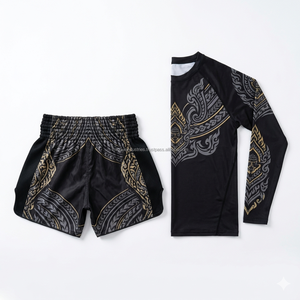 Ensemble de shorts et rashguard de Muay Thai personnalisés en gros, sublimation OEM, vêtements d'entraînement MMA pour la gym, fournisseur à faible MOQ, shorts et t-shirts de Muay Thai - Product Image 2