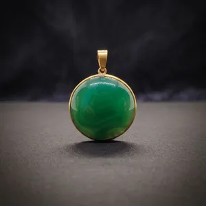 Natural Green Onyx Brass Frame Groove Pendant | Round Green Onyx Cabochon Brass Setting - Product Image 4