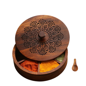 Boîte à épices traditionnelle indienne en bois Masala Dani avec couvercle, organiseur de rangement durable pour herbes et assaisonnements - Product Image 5