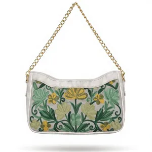 Bolso de Hombro con Cadena Bordado a Mano Estilo Cachemir, Gamuza Gris Claro con Detalles en Verde Botánico y Dorado - Product Image 6