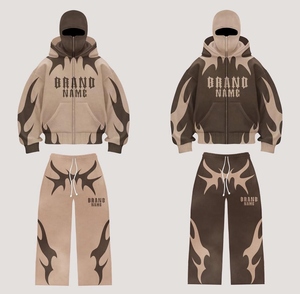 Ensemble de survêtement unisexe personnalisé à capuche, imprimé flamme, sweat-shirt zippé et pantalon de jogging, style streetwear, tenue d'automne, coupe ample longue - Product Image 6