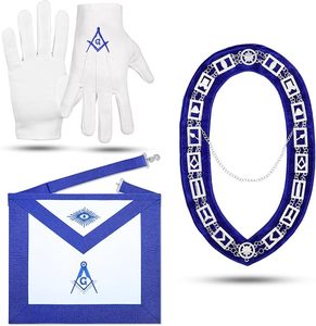 ชุดผ้ากันเปื้อนมาสเตอร์เมสัน Uzair Umair M-1 Masonic Blue Lodge พร้อมโลโก้รูปตัว G  พร้อมเข็มทิศสี่เหลี่ยม  สายคล้องคอสีเงิน  ถุงมือผ้าฝ้ายสีขาว - Product Image 1