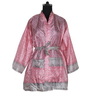 KS003 Kimono Vintage de Seda con Manga Corta, Estilo Sari, Vestido Boho Corto, Vestido de Dama de Honor - Product Image 1