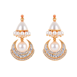 Half Moon Drop Earrings-Gold Plated Pearl & Diamond Jhumkas for Wedding and Party - Product Image 2