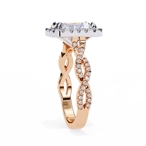 Anillo de compromiso con halo de diamante cultivado en laboratorio de corte radiante de 3.00 quilates, con tallo pavé de retorcido infinito y banda nupcial simbólica de oro bicolor. - Product Image 5