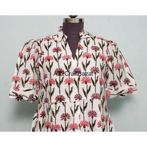 Robe midi à imprimé floral 100 % coton pour femme, très vendue, écologique, lavable, respirante, col en V, coupe trapèze, idéale pour le bureau - Product Image 2