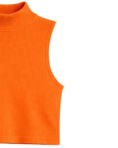 Débardeur court côtelé orange personnalisé à col montant sans manches pour femme, coupe ajustée, extensible, décontracté, mode estivale, basique - Product Image 3