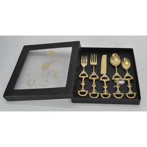 Juego de 5 piezas de cubiertos de acero inoxidable, tenedores, cucharas y cuchillo, juego de cubiertos dorados con mangos de diseño ecuestre, caja de regalo de lujo. - Product Image 5