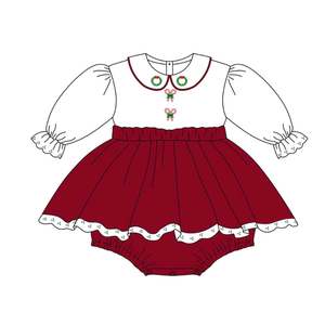 Casual shirts embroidered Baby Girl Top & Bubble Skirt Set OEM Service woven cotton 100% Vintage style <b>Red</b> color - Product Image 6
