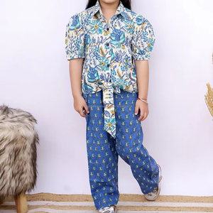 Hermoso estilo de color 100% conjunto de ropa de algodón para niñas, camisa informal de manga corta con patrón sólido para niños de 1 a 12 años - Product Image 1