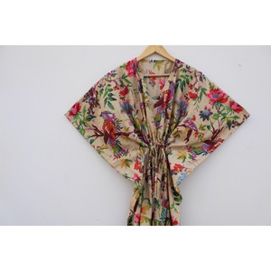 Bata de mujer con estampado floral, informal, para verano, cuello en V, manga corta, 100% algodón, cierre con cordón, transpirable, estilo bohemio, para playa - Product Image 2