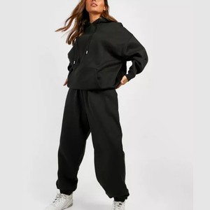 Ensemble de survêtement personnalisé pour femme 100 % coton marron à capuche, manches longues, pantalon large, couleur unie, décontracté, respirant, pour l'automne - Product Image 1