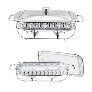 Plat de service rectangulaire en acier inoxydable de style chinois traditionnel avec accents dorés, finition polie, chauffe-plat - Product Image 3