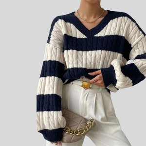 Pull-over femme tendance à manches longues, col en V, rayures noires et blanches, color block, tricot torsadé, épaules dénudées - Product Image 6