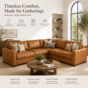 Luxury Cognac Leather Sectional <b>Sofa</b> Modern Family Room Furniture with Comfortable Conversation Seating - Product Image 6