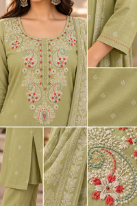 Conjunto de Traje de Tres Piezas Verde para Mujer, Kurta Bordada, Pantalón y Dupatta Estampada, Ropa Étnica, Proveedor Mayorista - Product Image 4