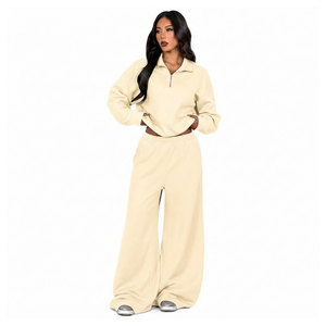 Women's Half Zip Tracksuit <b>Set</b> Oversized Sweatshirt Wide Leg Pants Premium Cotton Fleece Anti-UV Loungewear Casual Winter - Product Image 3