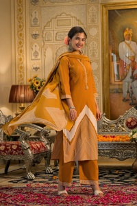 Ensemble Salwar Kameez pour femmes en coton moutarde à séchage rapide, imprimé numérique, style Katha Work, vêtements décontractés traditionnels, style Inde Pakistan - Product Image 2
