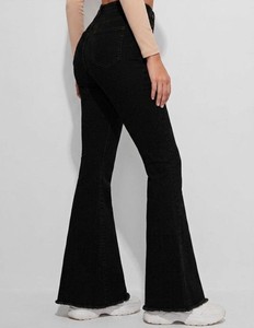 Vaqueros de mezclilla acampanados de cintura alta, color negro liso, de algodón, estilo urbano, tejido de peso medio, teñido liso, para otoño - Product Image 3