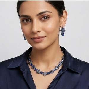 DIVYORO ELEGANT OXIDIZED <b>SILVER</b> NECKLACE DEEP BLUE CIRCULAR STONES Women's Floral Link Adjustable Length for Party Occasions - Product Image 4